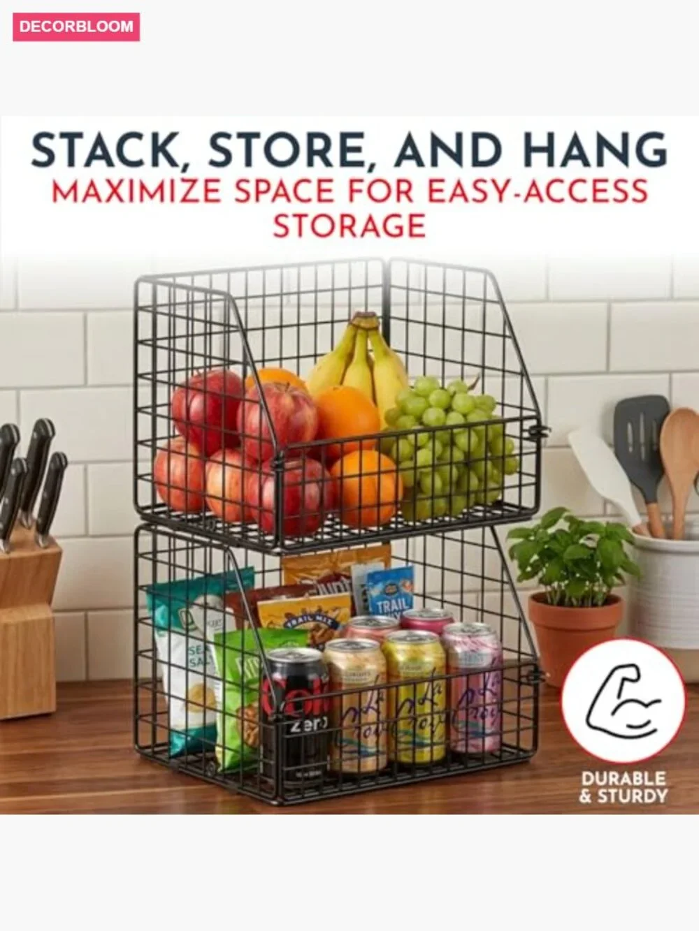 3-Tier Wall Hanging Fruit Basket Heavy Duty Wire Storage Organizer Kitchen